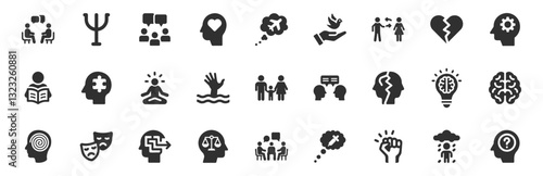 Psychology and mental health icon set. Vector glyph pictograms of brain, discussion, meditation, therapy, support group, therapy, mindfulness, emotional well-being black silhouette illustration.