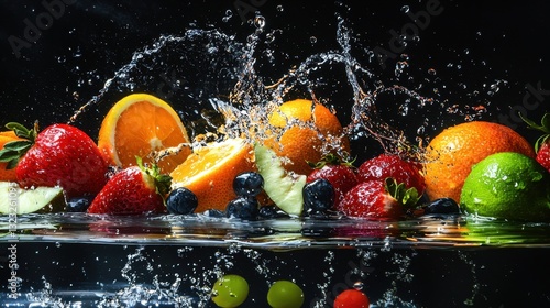 A vibrant array of fresh fruits, including strawberries, oranges, and limes, bursts forth as water cascades over them, a dynamic display of nature's bounty