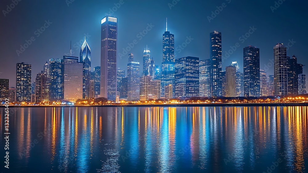 Fototapeta premium Night cityscape skyline reflected in water.