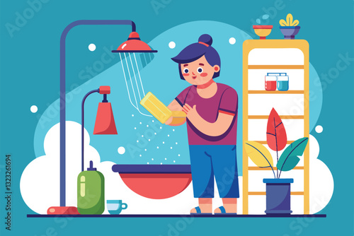 A person enjoys taking a shower in a stylish flat with bright decor and plants surrounding them, Taking a shower Customizable Flat Illustration