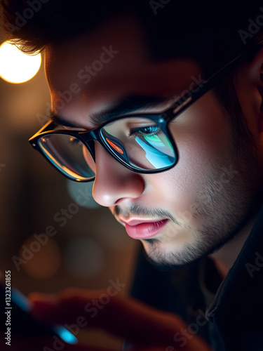 Reflection in glasses, closeup face millennial man scrolling pages online of smartphone, social networks. Close up portrait man in glasses using smartphone browsing internet at night, double exposure.