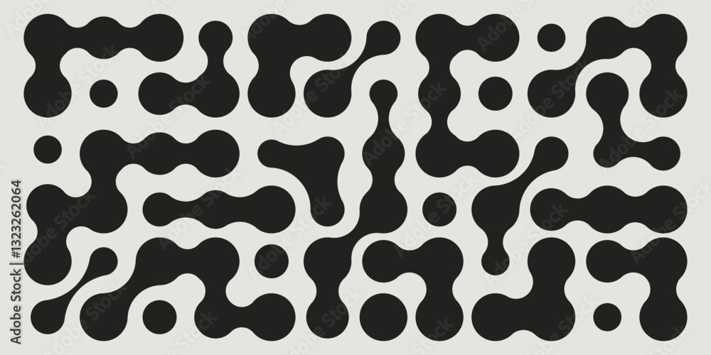 Obraz premium Black metaball shapes pattern - abstract organic blobs, flowing curved forms on white background. Minimalist retro style geometric molecular decorative vector illustration. Connected dot symbols.