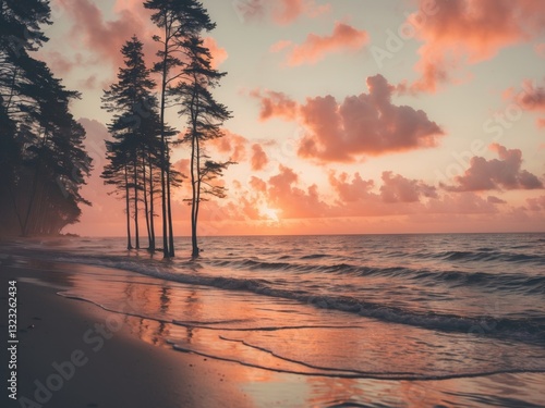 Sunset Silhouette of Tall Trees by the Ocean. photo