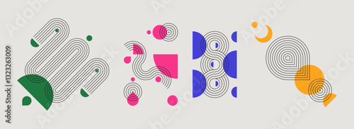 Colorful geometric shapes, lines and patterns set - abstract creative designs with minimalist curved elements, arches, stripes, circles. Playful mid century style composition. Decorative trendy vector