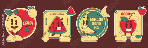 Retro fruit sticker set - happy lemon, watermelon, banana and apple characters. Funny cartoon mascots in vintage 1950s fashion style. Cute smiling food emoticons with text for products package design.