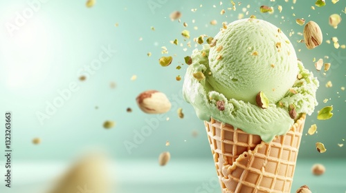 Pistachio ice cream cone, soft cream,japanese dessertai,3d,Realistic sweet ice cream summer dessert,for menu and banner,copy space,selective focus. photo