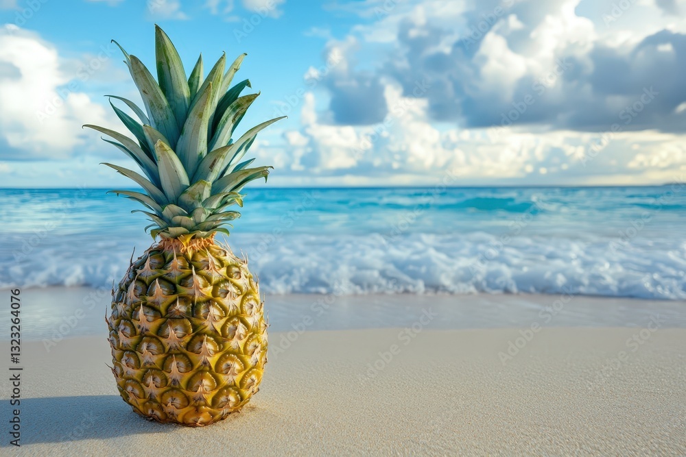 A ripe pineapple stands on a beautiful sunny sandy beach A ripe pineapple stands on a beautiful sunny sandy beach