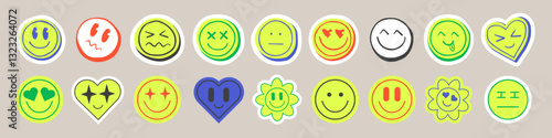 Groovy emoticon face stickers set in bright neon colors with funky retro style and positive vibes. Cartoon icons with smiling, laughing, loving, cool expressions. Fun 70s hippie aesthetic for messages