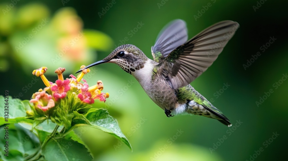 Fototapeta premium Detailed close-up of a hummingbird feeding nectar from vibrant lantana flowers