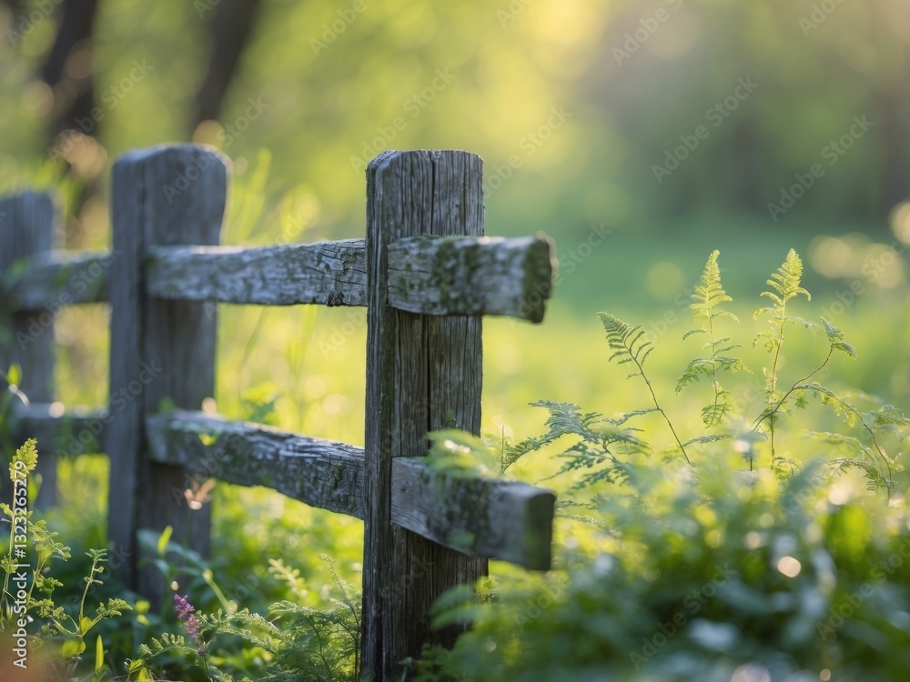 Fototapeta premium Rustic Wooden Fence Lush Greenery Spring Growth Nature Background.
