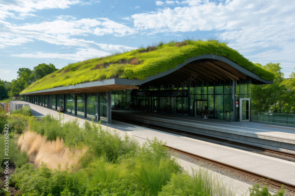 Contemporary railway station showcasing a living roof covered in lush vegetation, highlighting eco friendly design and urban sustainability