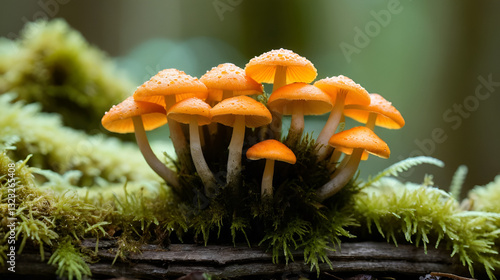 This macro photo captures a cluster of delicate, tiny orange mushrooms growing sprightly amidst moss on decaying wood, set against a forested backdrop.