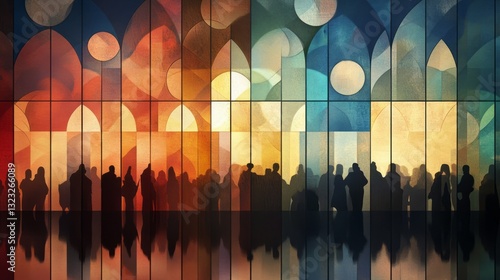 silhouettes of people gathering near a large stained-glass window.
