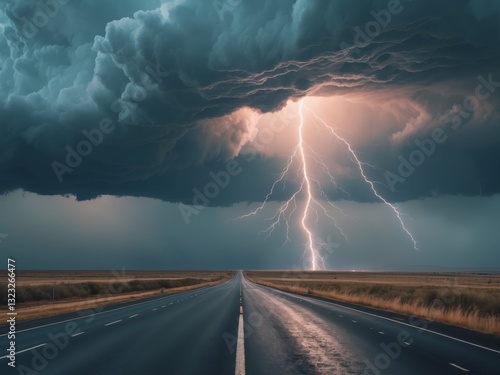 Lonely highway leading into a powerful storm with a massive lightning strike. photo