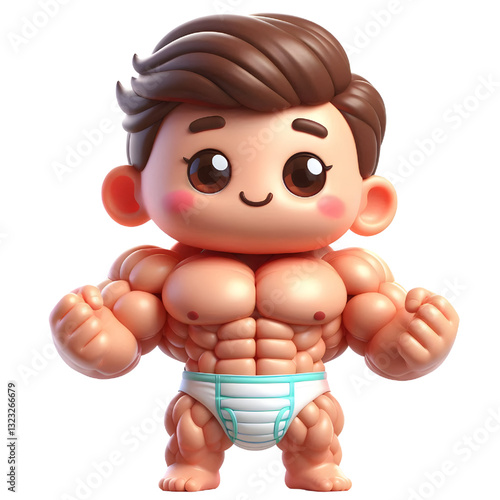 Cute baby character wearing muscular diaper 3d illustration with smiling face isolated on white background