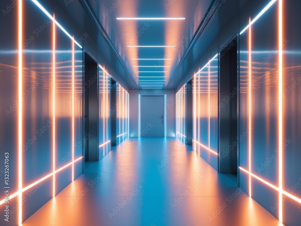 Fototapeta premium Futuristic Neon Corridor with Orange and Blue Lighting
