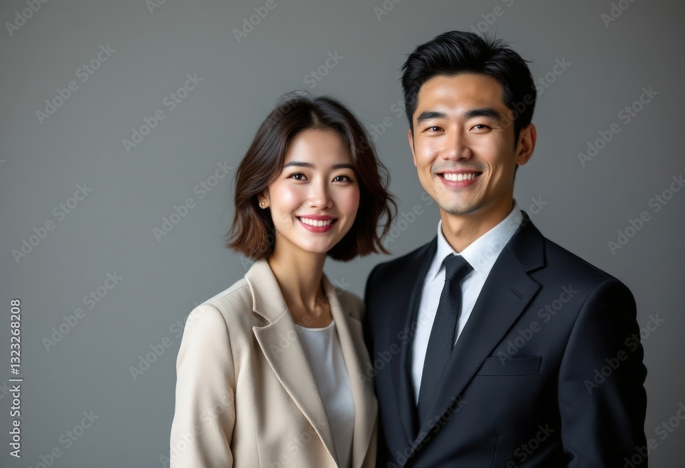 Confident Asian Business Couple Portrait Smiling Professionals in Suits Corporate Success Confident Asian Business Couple Portrait Smiling Professionals in Suits Corporate Success