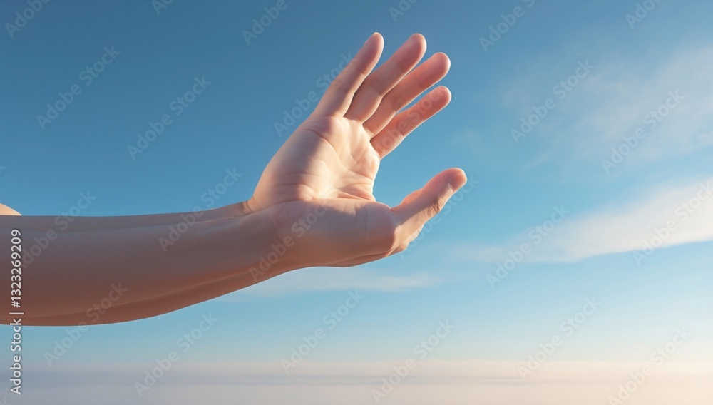 A close-up of a hand reaching out against a vibrant blue sky, symbolizing hope and connection.