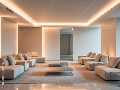 Modern Spacious Lounge with Soft Lighting and Comfortable Seating for Relaxation and Socializing photo