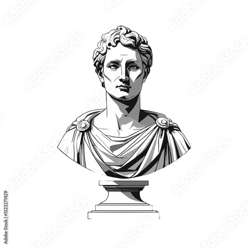Vector architecture image, classical bust sculpture design, minimalist style, Roman bust sculpture with detailed expression and classical drapery on a white background
