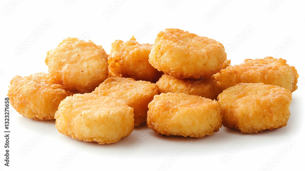 A pile of golden-brown fried chicken nuggets, crispy and delicious-looking, isolated on a white background. A pile of golden-brown fried chicken nuggets, crispy and delicious-looking, isolated on a white background.