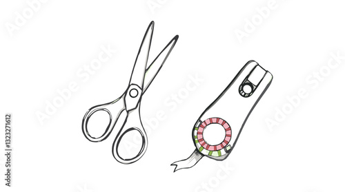 Scrapbooking tools, Hand-drawn vector illustration of scrapbooking tools including scissors and a tape dispenser