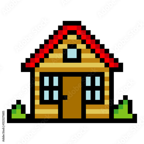 Simple wooden house with pixel art
