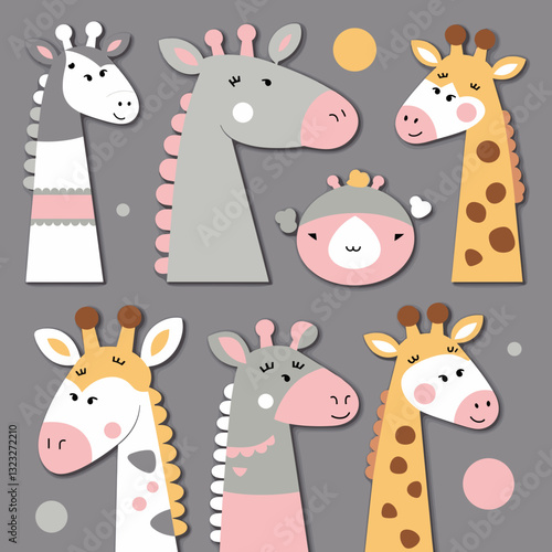 Charming vector illustration of cute giraffes in various colors for children's themes