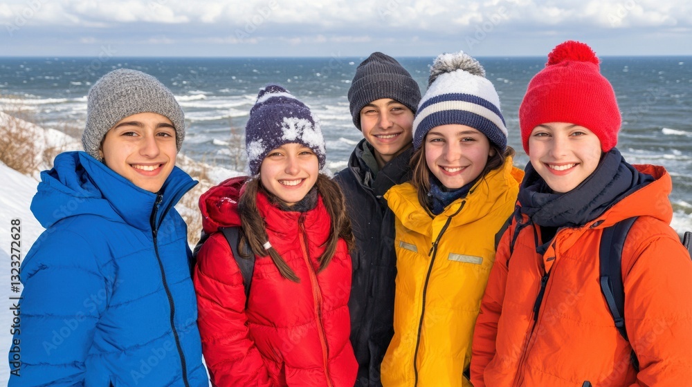 Happy Children in Winter Coats Smiling on Snowy Seashore Happy Children in Winter Coats Smiling on Snowy Seashore