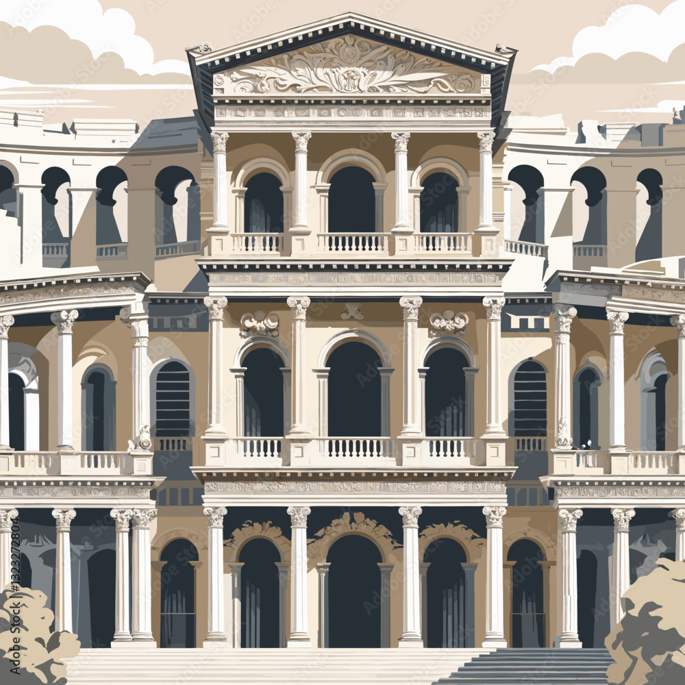 Naklejka premium Vector architecture image, architectural styles for design, wallpaper decoration, travel, history, Vector architecture illustration, architectural styles for design, classic elegance, copy space