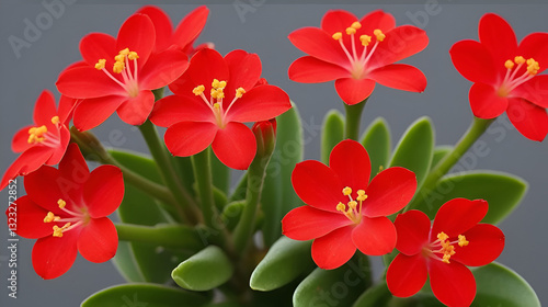Bright red cruciform flowers in the Kalanchoe inflorescence.