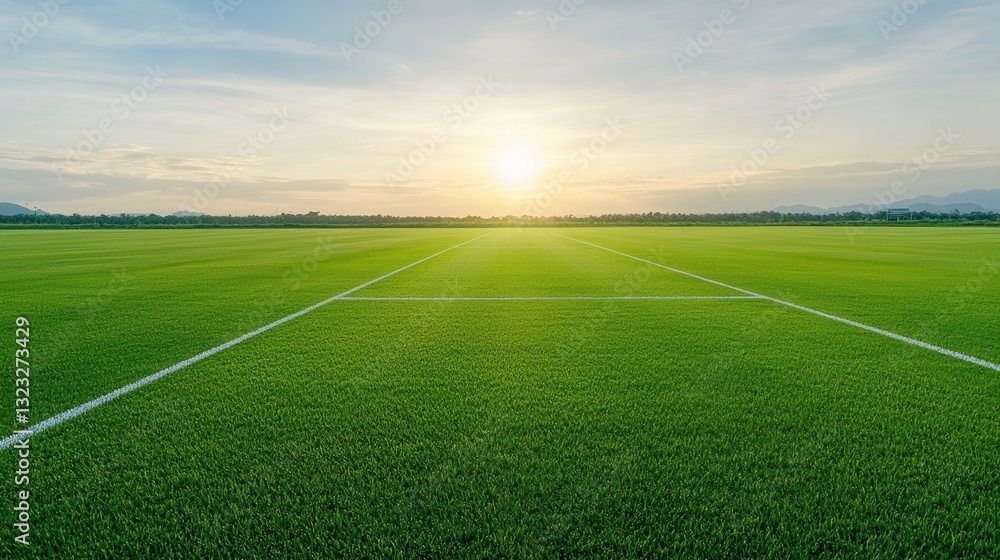 Obraz premium Vibrant green sports field or soccer pitch with bright sunlight at the start or end of the day set against a scenic sky with clouds