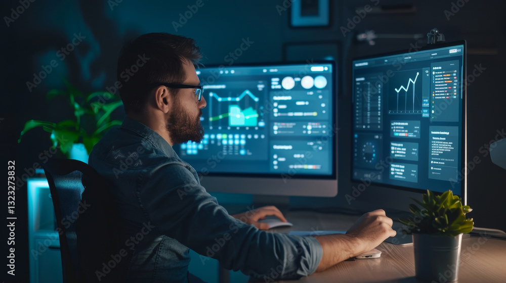Focused Professional Analyzing Data on Dual Monitors in Modern Office Setting Focused Professional Analyzing Data on Dual Monitors in Modern Office Setting