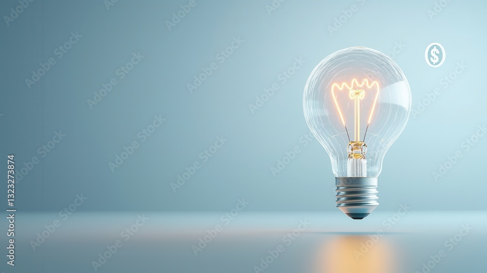 A futuristic 3D rendered glowing incandescent light bulb hovering in a minimalist  blue tinted setting  symbolizing innovation  technology  and creativity