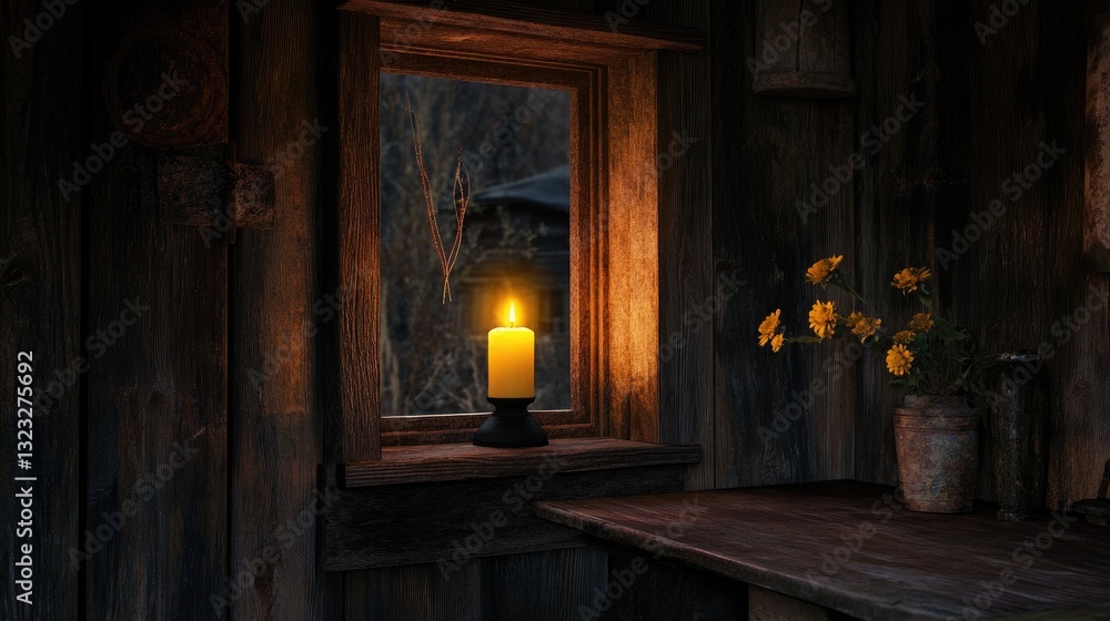 Warm Candle Glow Inviting Look Through Rustic Window Frame with Flowers Inside Wooden Cabin at Dusk Warm Candle Glow Inviting Look Through Rustic Window Frame with Flowers Inside Wooden Cabin at Dusk