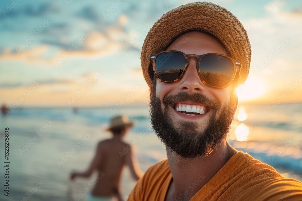 Man with a beard and sunglasses is smiling at the camera on a beach. He is wearing a yellow shirt and a straw hat Man with a beard and sunglasses is smiling at the camera on a beach. He is wearing a yellow shirt and a straw hat