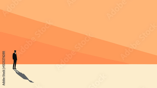 Minimalist abstract man standing in vast orange landscape