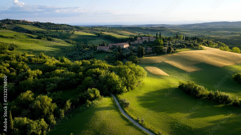 Aerial View of Lush Green Italian Countryside in Tranquil Light Aerial View of Lush Green Italian Countryside in Tranquil Light