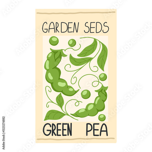 Green peas garden seeds package isolated on white background. Green beans vector hand drawn illustration. Green peas in pods gardening  illustration. Design element for packaging, web, print
