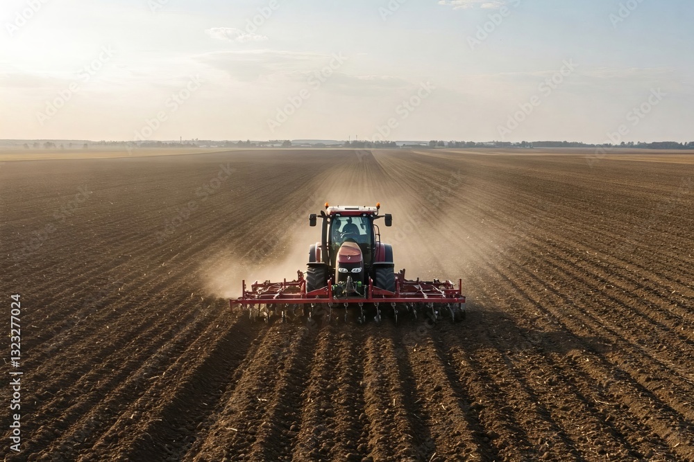 Fototapeta premium A red tractor plows a field under a cloudy sky