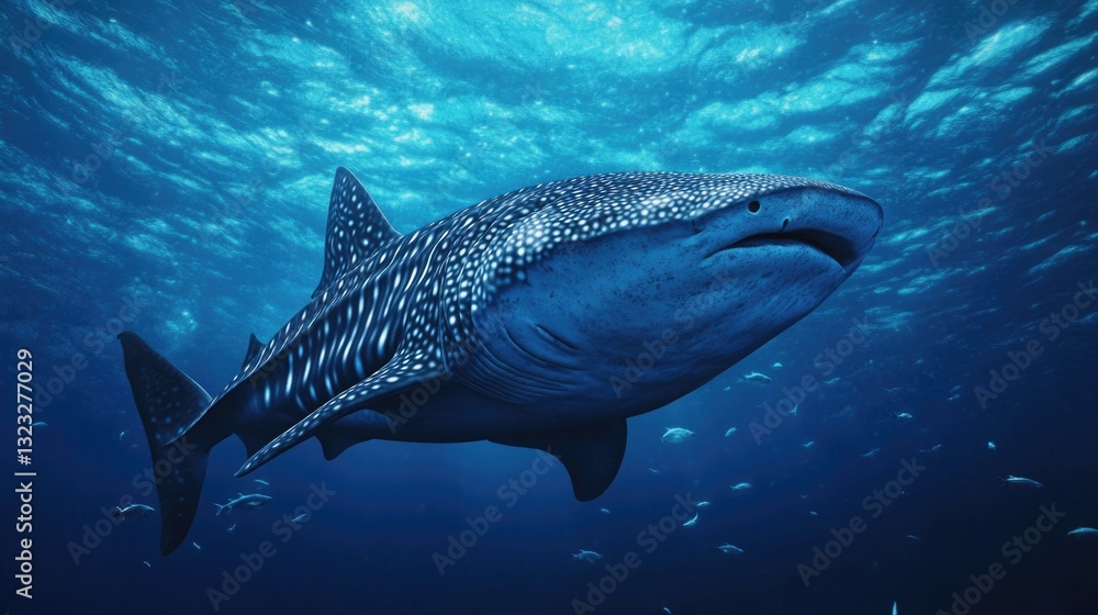Fototapeta premium A large whale shark swims serenely through the deep blue ocean water