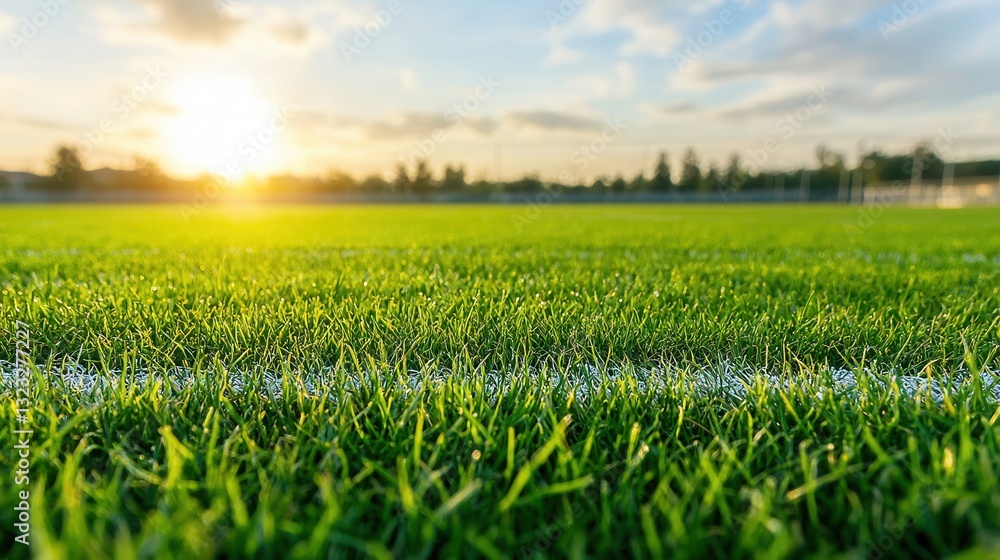 Fototapeta premium A peaceful and serene landscape featuring a lush green field with a focus on the intricate texture of the grass bathed in the warm glow of the rising or setting sun