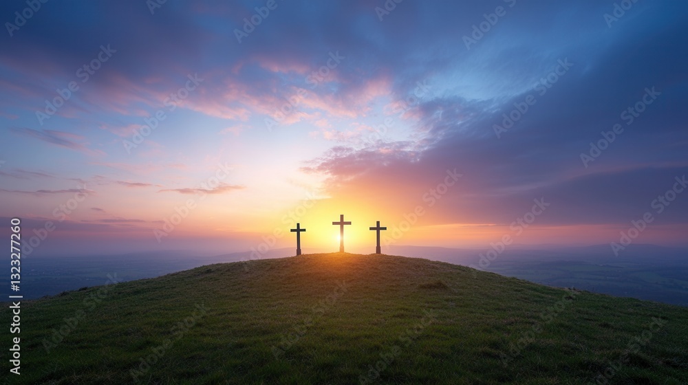 Obraz premium Three silhouetted crosses stand atop a peaceful hill illuminated by the warm glow of a serene sunset creating a powerful and inspiring religious landscape
