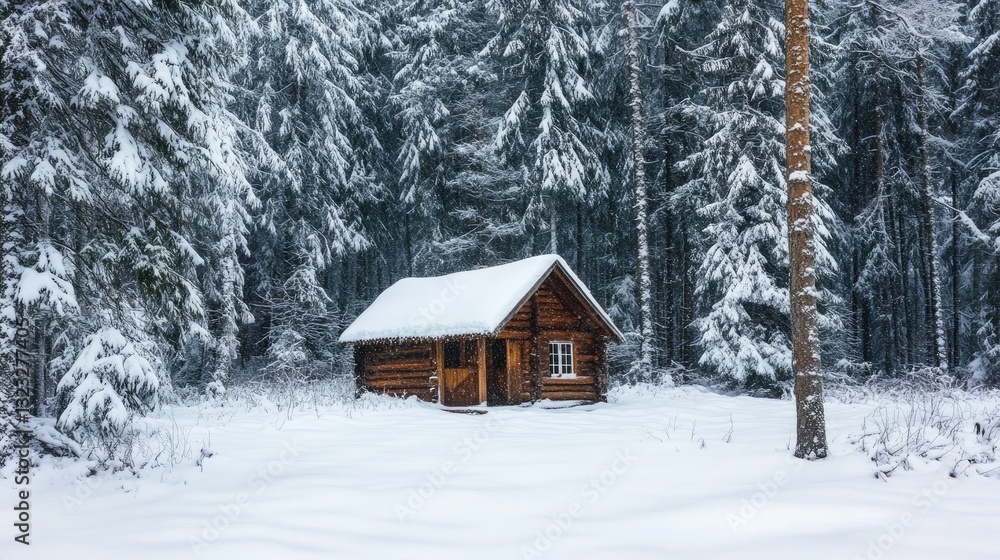 Cozy wooden cabin nestled in a serene snow-covered forest landscape during winter season Cozy wooden cabin nestled in a serene snow-covered forest landscape during winter season