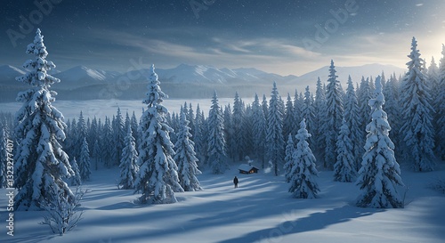 Walking in Snowy Winter Forest Scenery with Cabin and Mountain View
