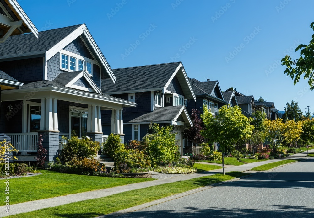 Front view of a beautiful gray Craftsman-style house with white trim, a front yard, and a street in Vancouver Front view of a beautiful gray Craftsman-style house with white trim, a front yard, and a street in Vancouver