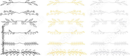 Collection of decorative line dividers in rustic style with floral pattern. Vector decorative elements. Line dividers in black, gold and silver colors.