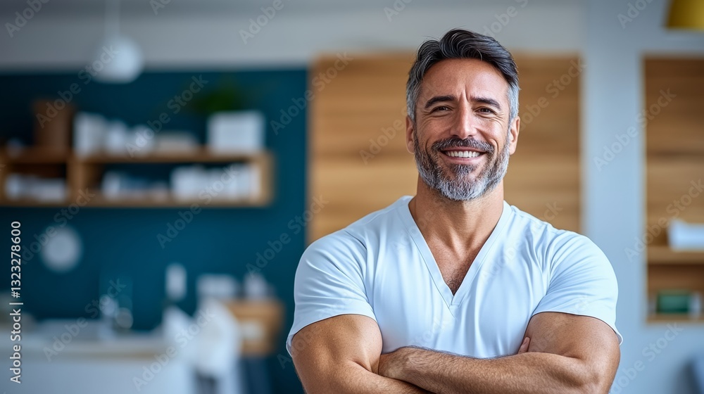 Man with a white shirt and a black tie is smiling and posing for a picture. He is standing in a kitchen with a blue wall and wooden cabinets Man with a white shirt and a black tie is smiling and posing for a picture. He is standing in a kitchen with a blue wall and wooden cabinets