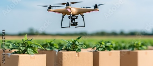 Obraz na płótnie Drone powered smart delivery system over agricultural landscape improving precision logistics and optimizing AI driven sustainable transportation for seamless supply chain management w salonie