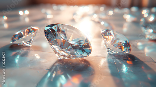 Sparkling diamonds scattered on a reflective surface with soft lighting creating a luxurious atmosphere